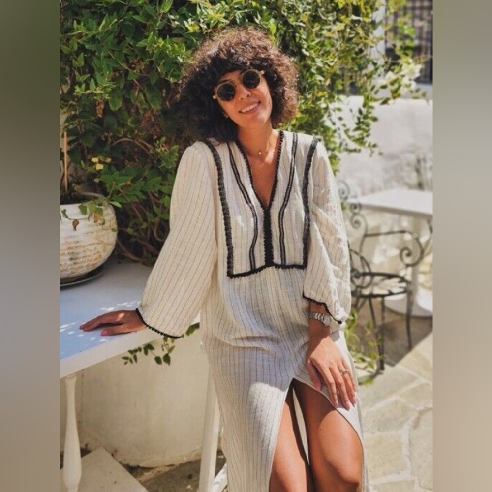 Zara Ivory and Charcoal Striped tunic linen dress